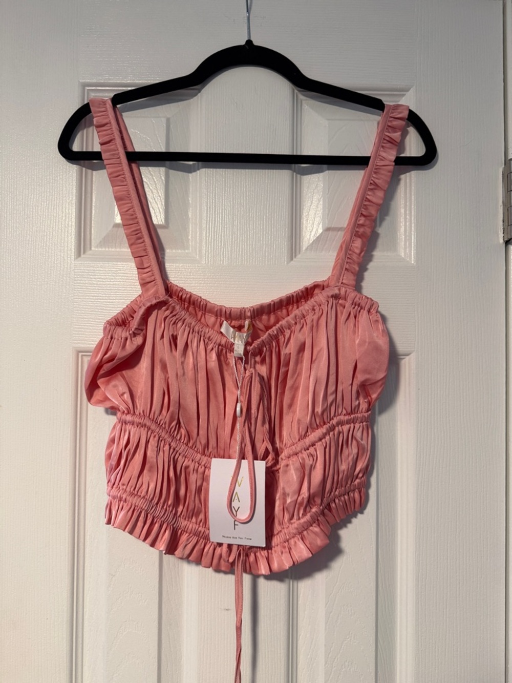 Wayf Pink Ruffle-Trim Ruched Crop Camisole